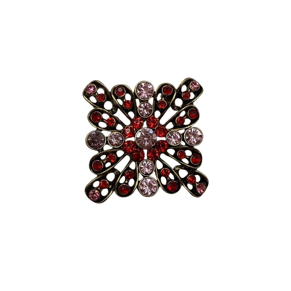 Vintage Style Red Pink Rhinestone Filigree Square Brooch Gold Tone Statement Pin